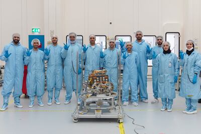 MBRSC engineers pictured inside a clean room with the first Rashid rover, a mission in 2023 that failed after the Japanese landing vehicle carrying it crashed on the lunar surface. Photo: MBRSC
